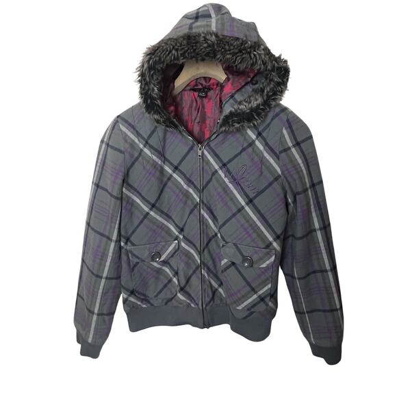 Volcom Women’s Sz Large Gray Plaid Full Zip Faux Fur Trim Hooded Jacket - Picture 1 of 8